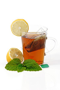 聚粉茶绿色叶子茶包营养玻璃康复草本草本植物树叶饮料背景图片