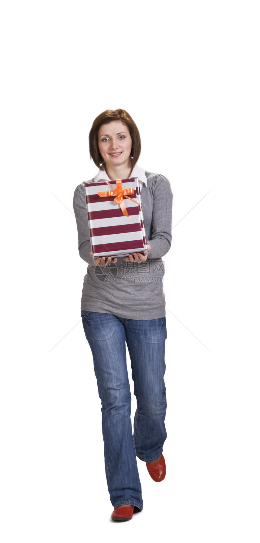 带礼物盒的女人幸福情人客户生日购物奢侈牛仔裤展示惊喜丝带图片
