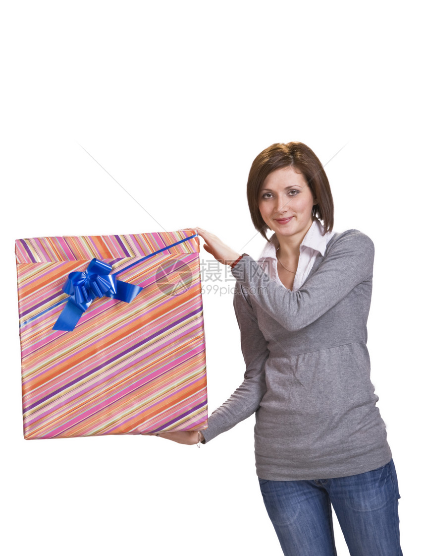 带礼物盒的女人青少年蓝色牛仔裤微笑客户奢侈顾客橙子丝带展示图片