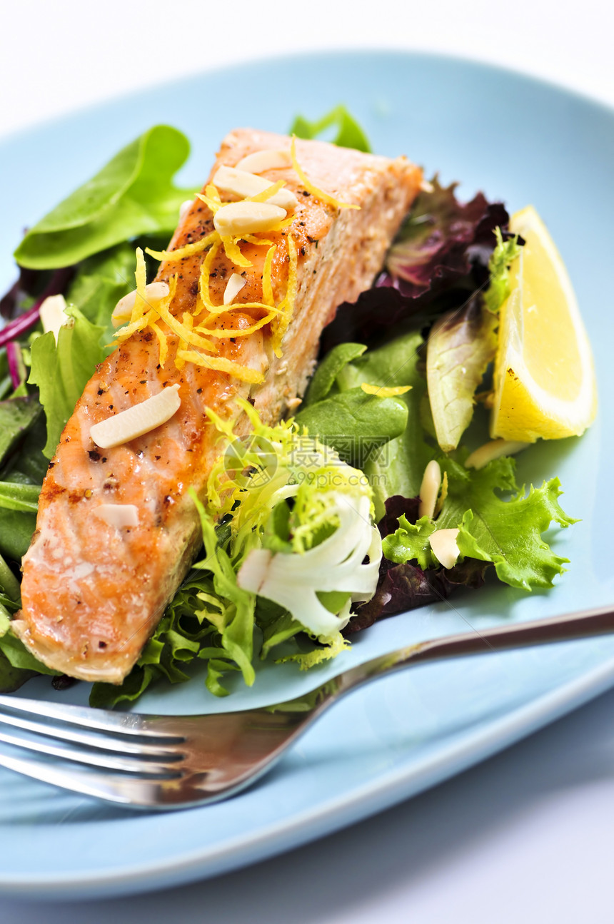 沙律加烤鲑鱼饮食盘子柠檬海鲜营养美食青菜鱼片宏观服务图片