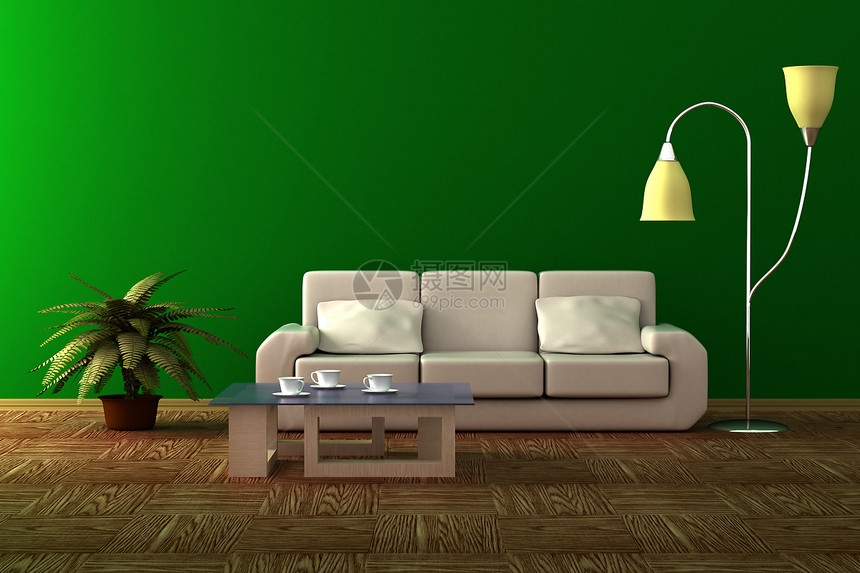 客厅内部的3D图像玻璃风格枕头皮革公寓摆设座位桌子植物群落地灯图片