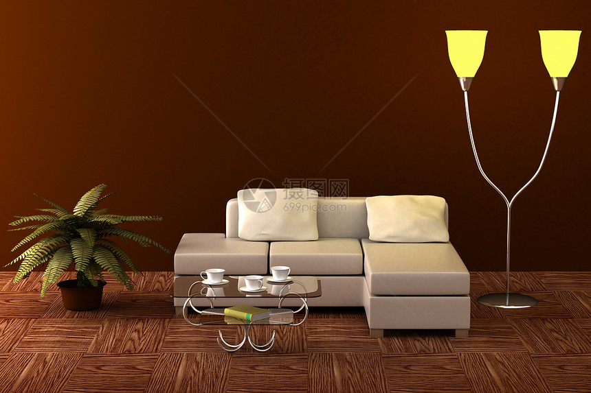 客厅内部的3D图像扶手桌子枕头摆设玻璃平台装饰植物群房间沙发图片