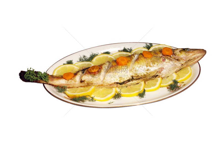 烤鱼油炸香菜白色美食食物海鲜厨房柠檬用餐午餐图片