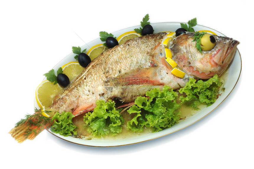 孤立的烤鱼油炸食物栖息午餐鱼片盘子香菜蔬菜厨房白色图片