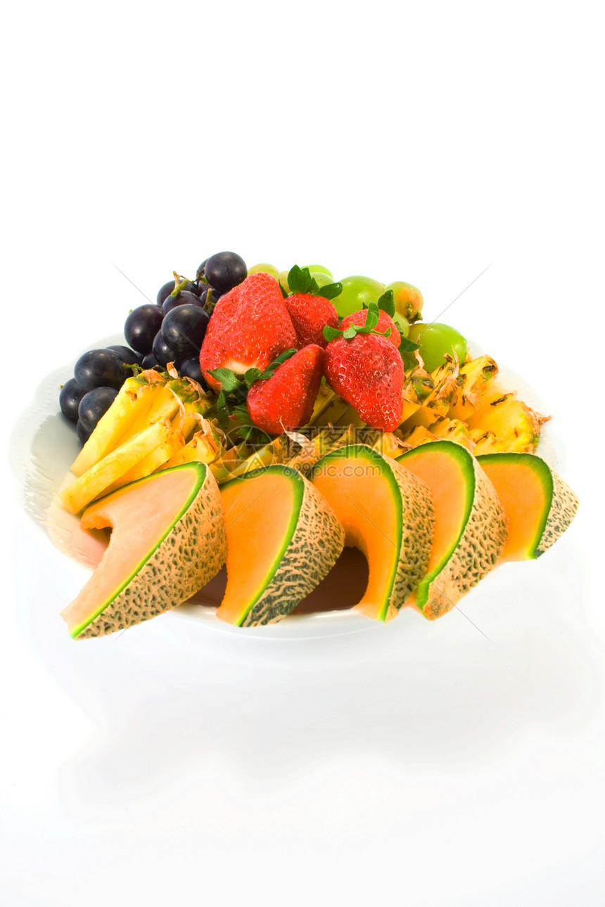 水果盘热带红色饮食玻璃橙子蓝色盘子拼盘健康营养图片