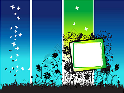 弹簧草夏日框架 花朵和蝴蝶 夜晚摘要插画
