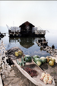 在马西多尼亚湖面草原上 靠近木筏的水果背景图片