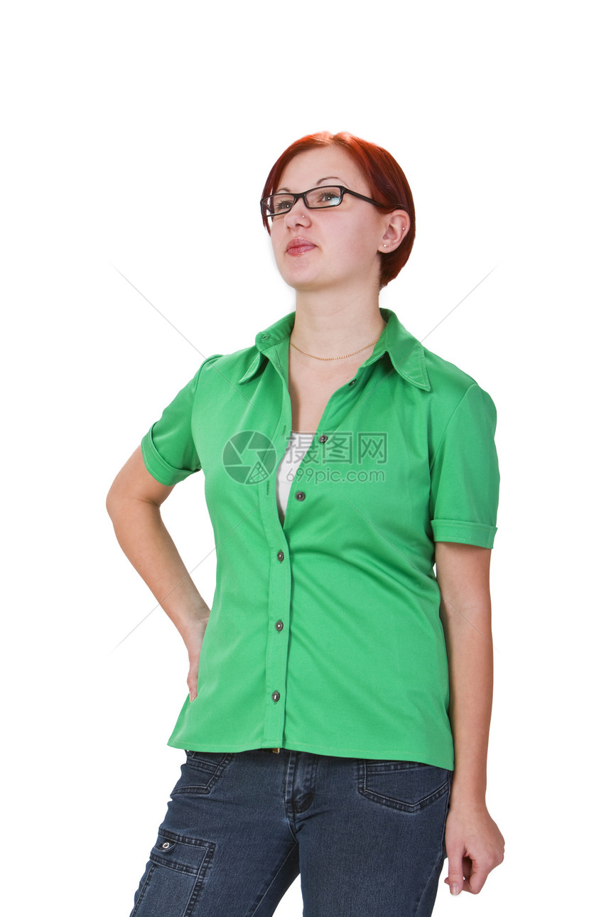 青少年季节性绿色学生眼镜女孩赤褐色女性衬衫幸福红发图片