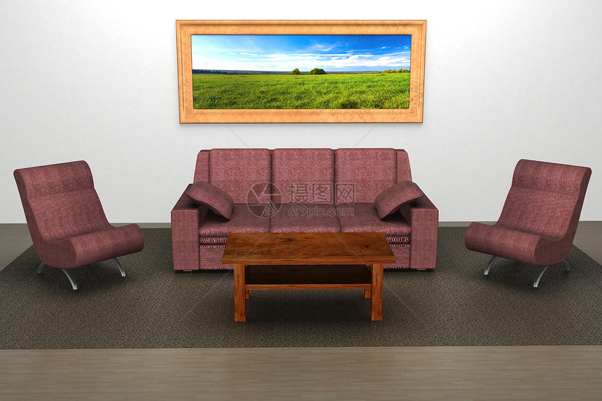 家居室内部 3D图像扶手地面房间大厅软垫压板地毯扶手椅天空风格图片