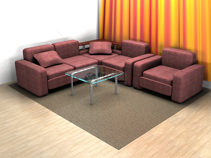 家居室内部 3D图像摆设压板沙发长椅扶手椅闲暇地面装饰玻璃大厅图片