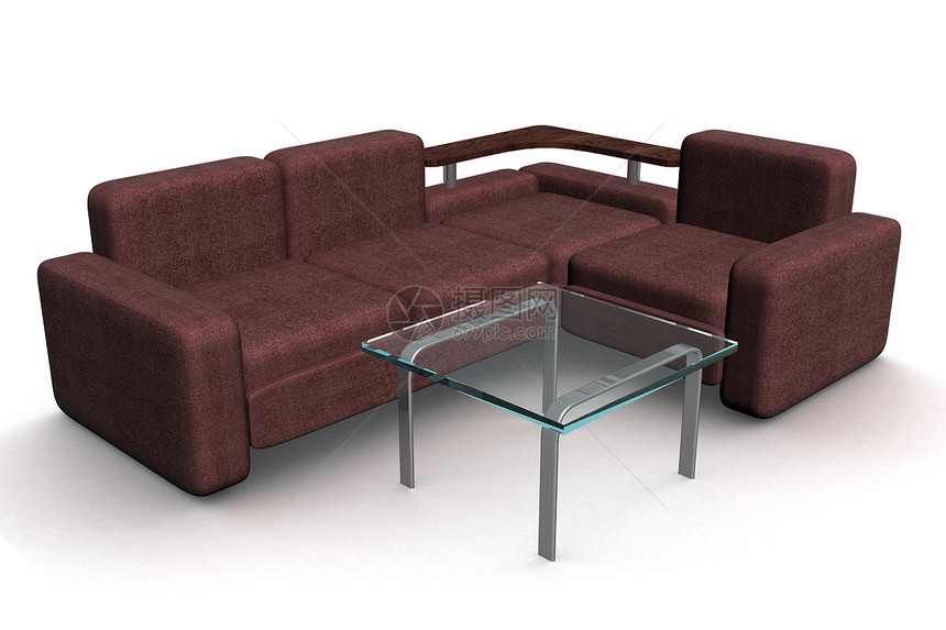 沙发和玻璃小桌子 3D插图图片