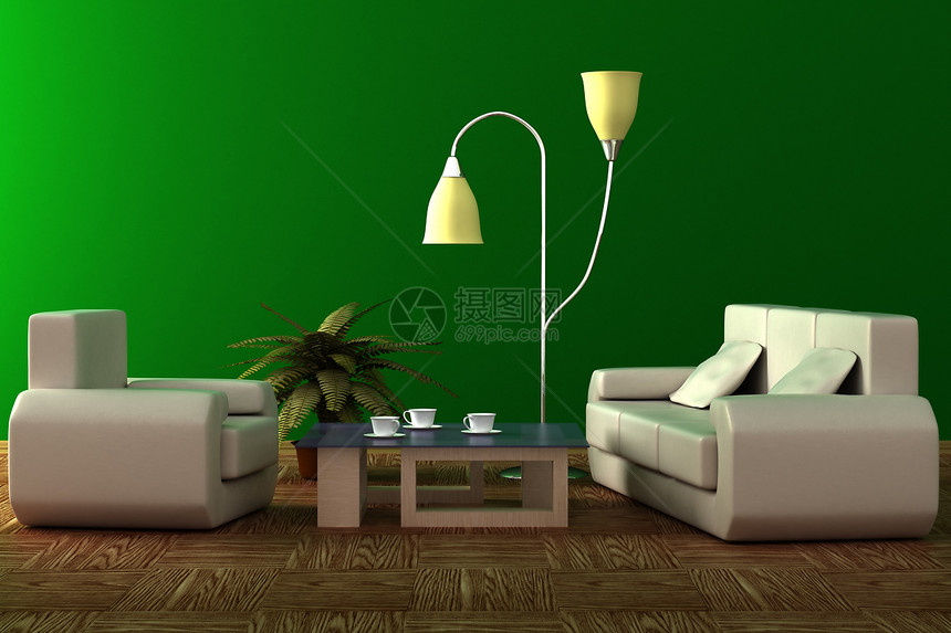 客厅内部的3D图像扶手椅座位扶手玻璃木地板植物群皮革平台长椅枕头图片