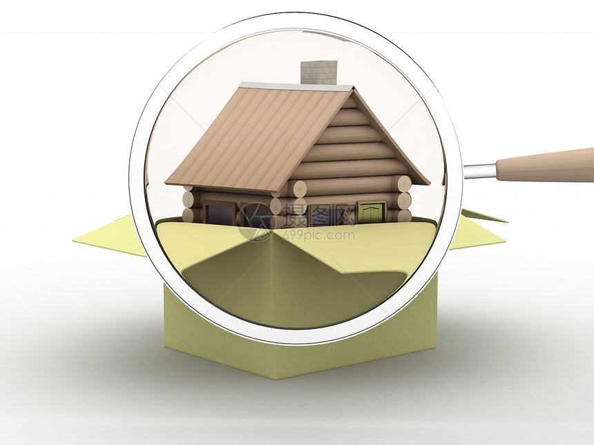 木制小房子在一个盒子里 3D图像建筑放大镜销售插图礼物购物玻璃惊喜工具商业图片