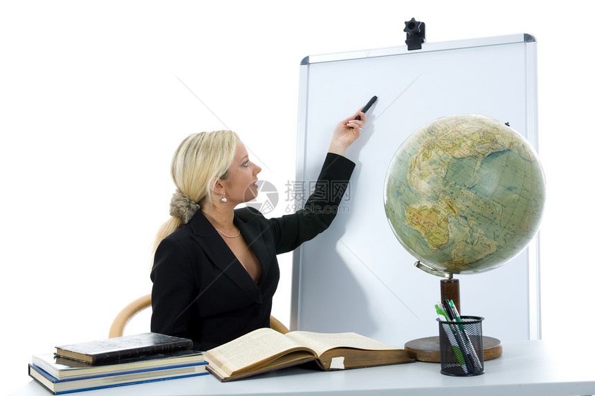 年轻老师会教地理学导师教育女性人士快乐办公室旅行微笑工人商业图片