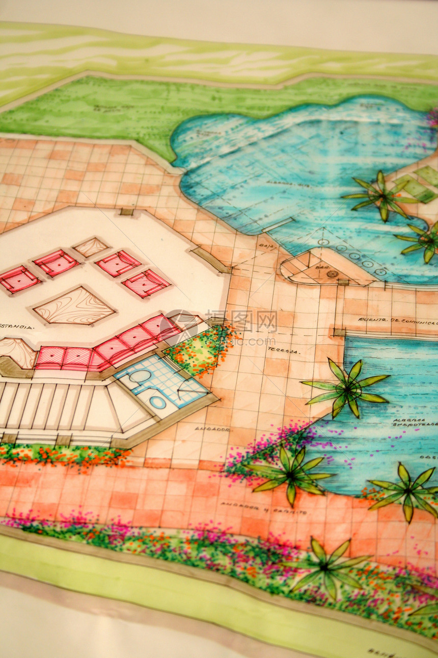 蓝蓝色指纹园林绿化花园工程院子水池彩色建筑素描住宅图片