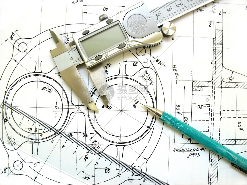 技术图纸的工程工具 数字卡利per 标尺和机械铅笔管道控制装修金属绘画工程师计算机卡尺项目建造图片