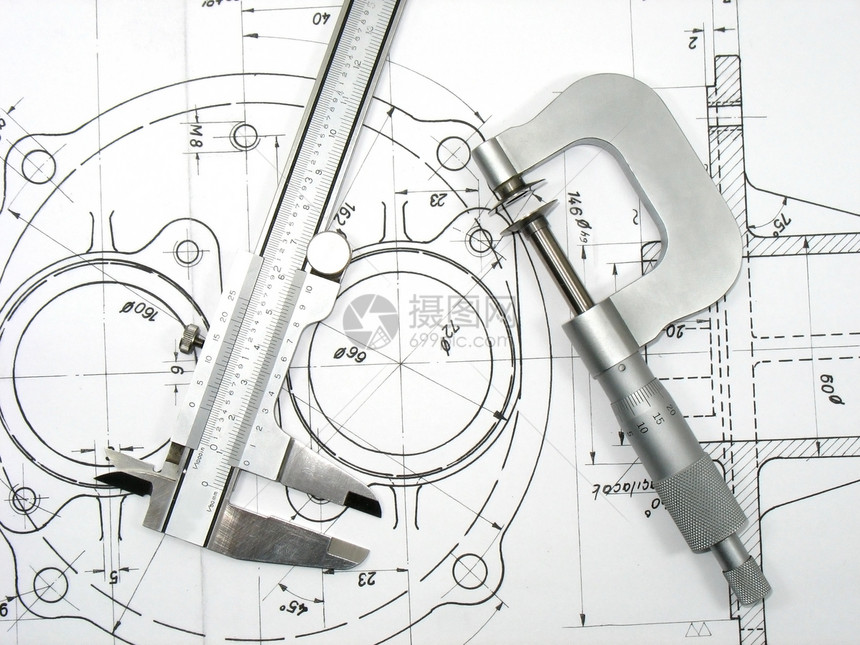 技术图纸上的卡利帕和微米计草图测量卡尺建造计算机打印图表工程游标设计图片
