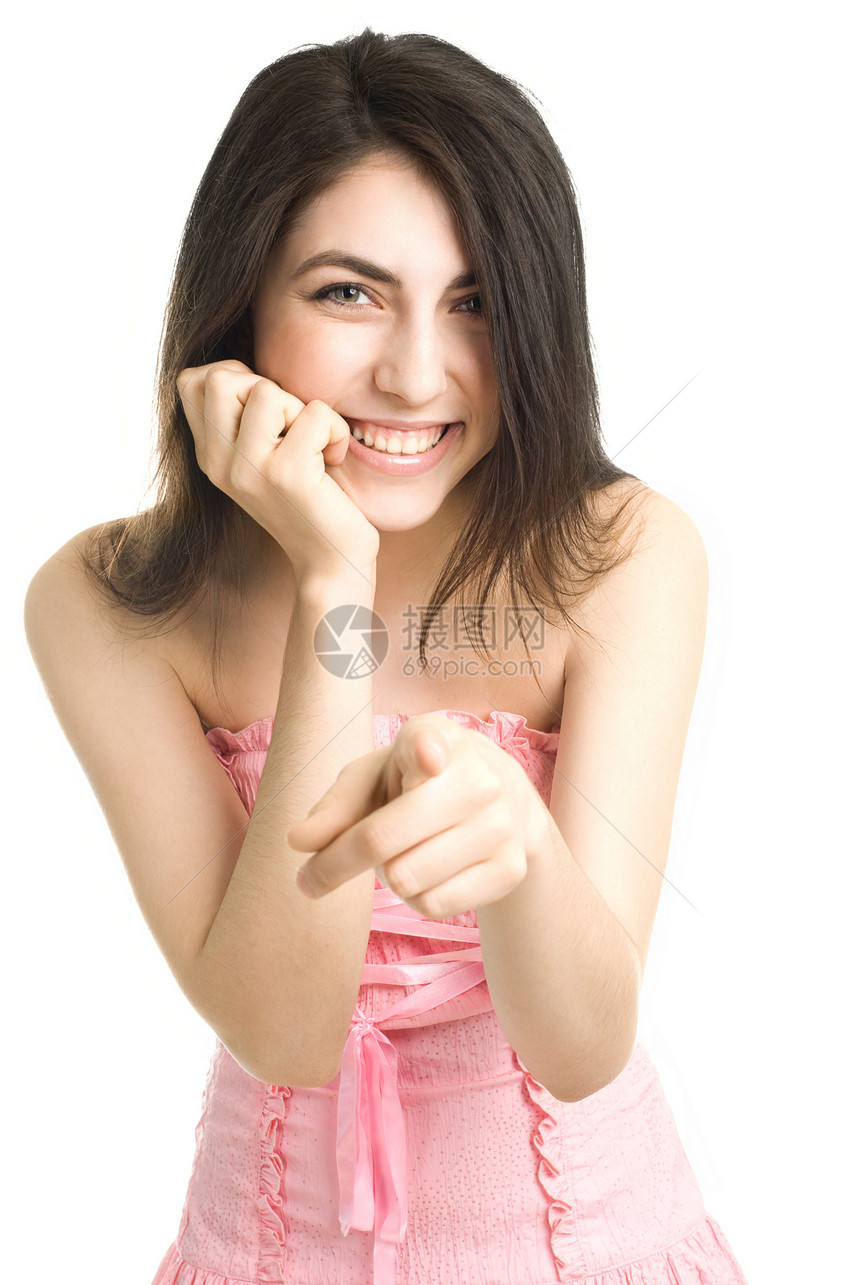 笑笑女孩女性手势头发喜悦快乐展示幸福手指青年乐趣图片