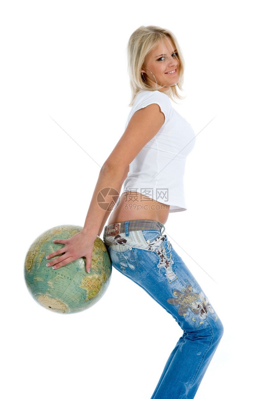 带着地球的年轻妇女旅游白色旅行女士商务远足人士女孩图片