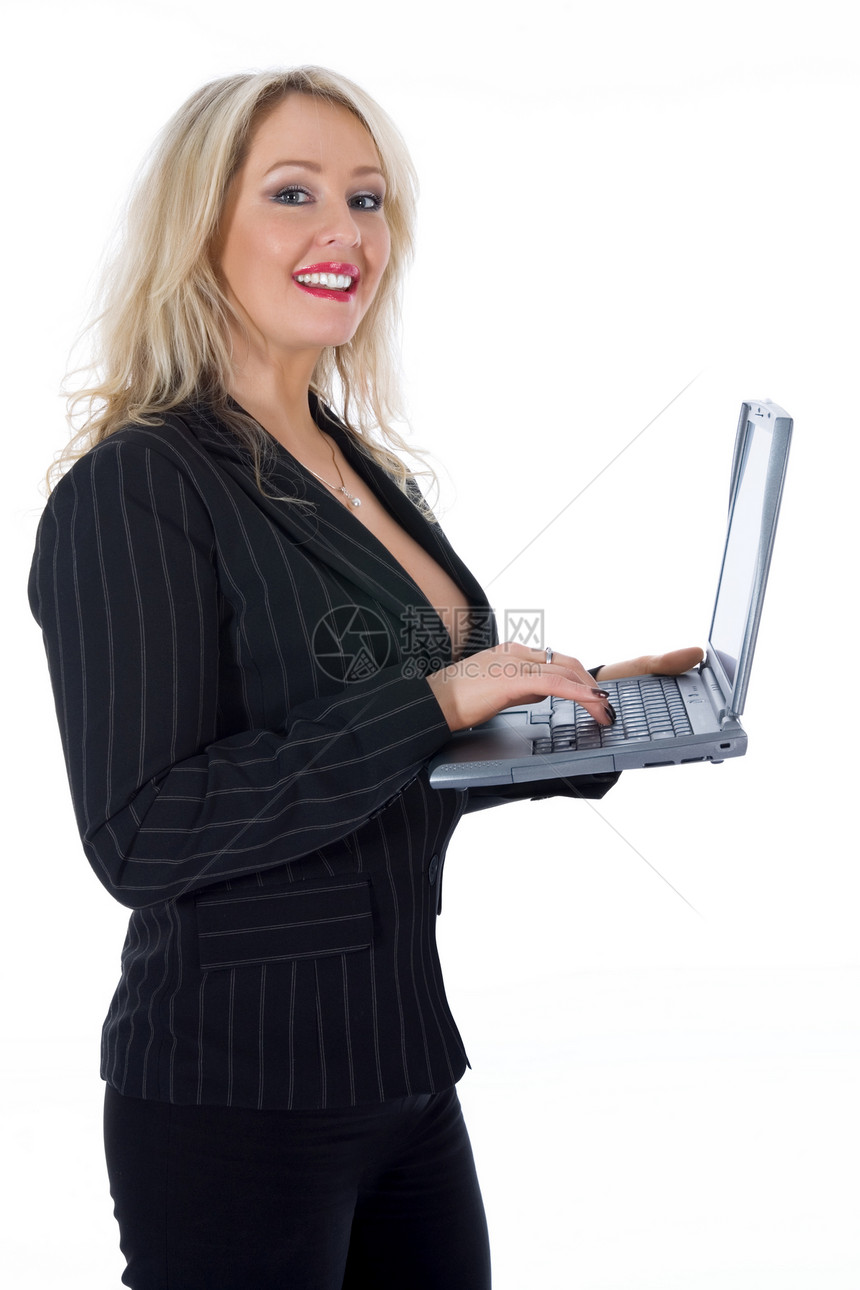 商业妇女和笔记本电脑女士电话职业文员微笑成人工人金发办公室人士图片