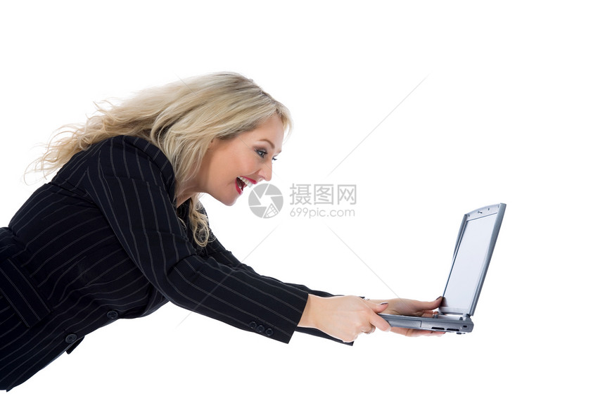 商业妇女和笔记本电脑销售量女性成人幸福微笑女士金发快乐职业接待员图片