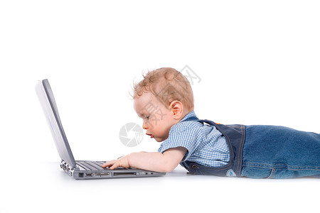 婴儿膝上型电脑人士键盘学习孩子教育白色笔记本商业微笑商务背景图片