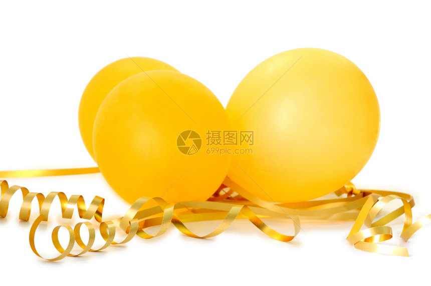 橙色气球派对节日庆典生日螺旋乐趣金子丝带白色黄色图片