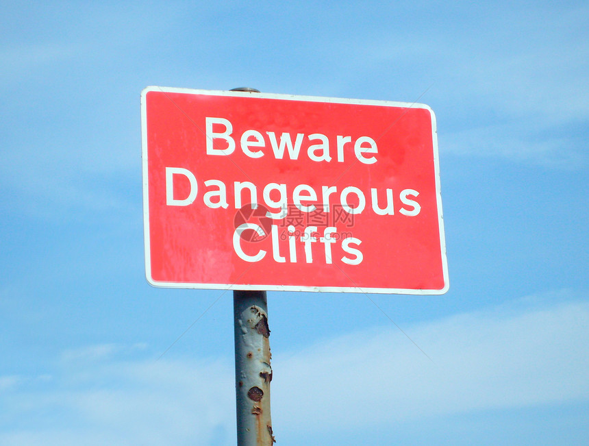 当心危险的断裂符号红色警报操作蓝天边缘安全警告冒险悬崖说明图片