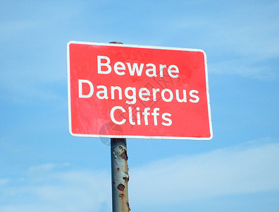 当心危险的断裂符号红色警报操作蓝天边缘安全警告冒险悬崖说明背景图片