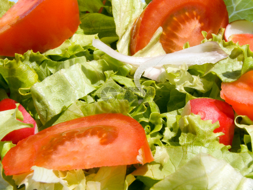 混合沙拉水平蔬菜红色绿色围脖叶子盘子营养食物白色图片