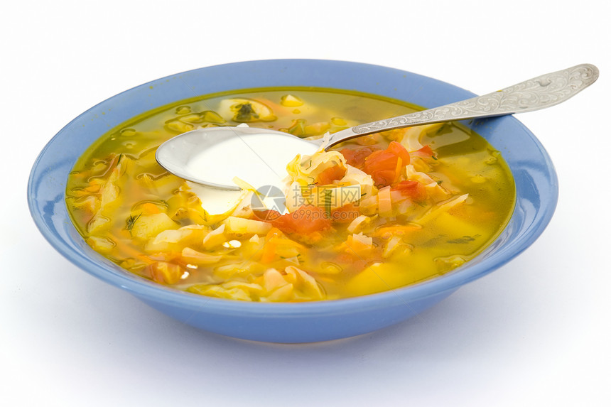 配汤粉白色节食勺子液体盘子蔬菜美食草本午餐图片