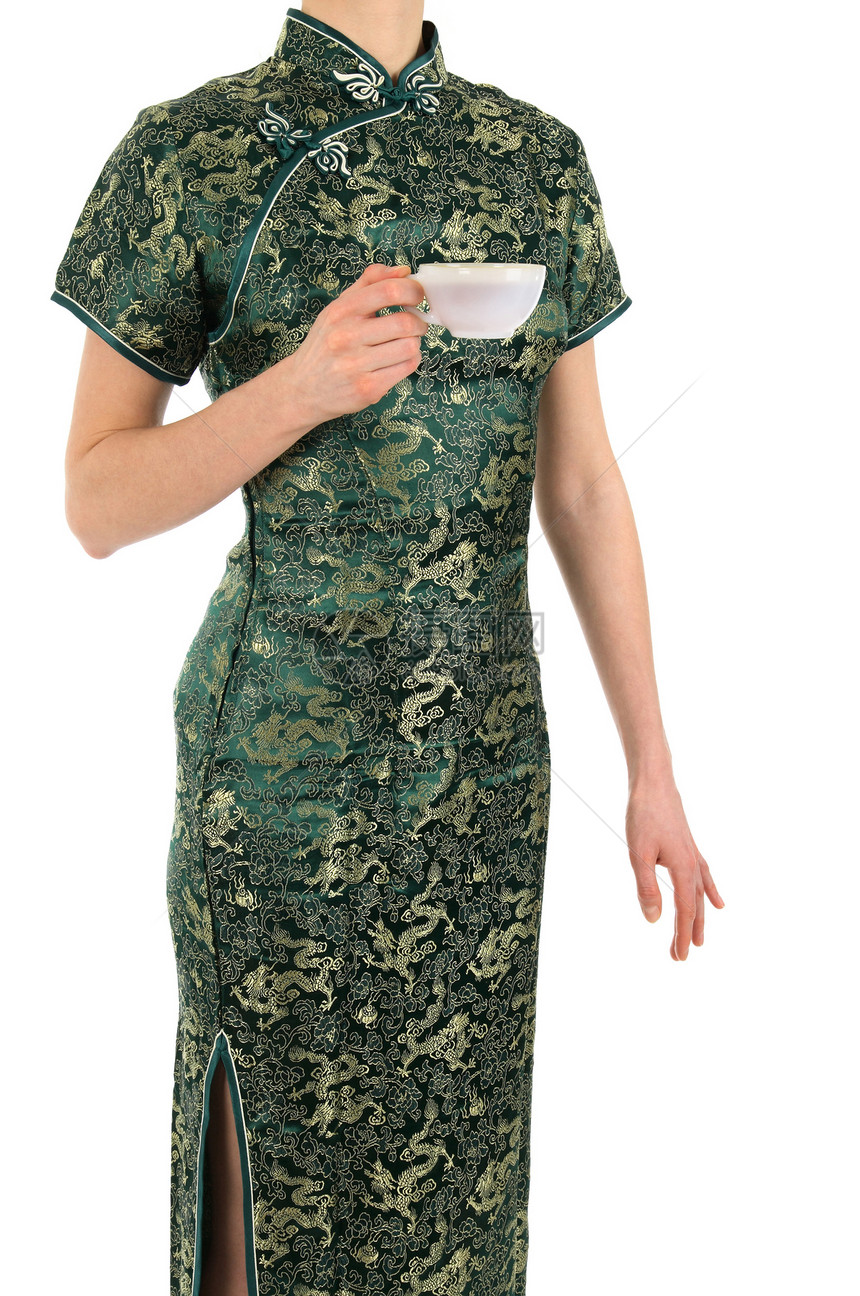 穿中华洋装 喝茶的女人图片