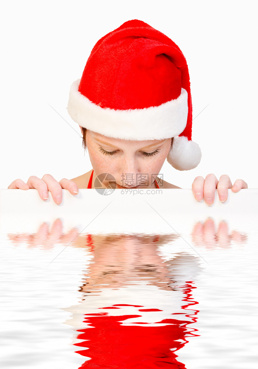带白板的圣诞女孩木板水池展示乐趣小精灵商业姿势寻址反射波纹图片