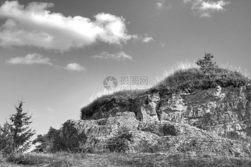 山地和蓝蓝天空树木植物蓝色岩石绿色石头森林叶子苔藓图片