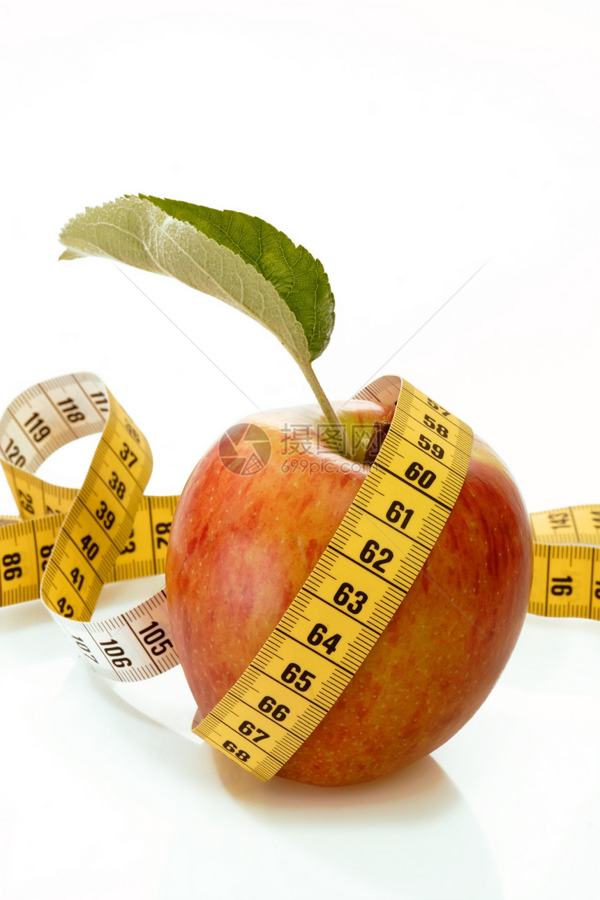 红苹果节食绿色卷尺饮食减肥叶子红色低热量小吃水果图片