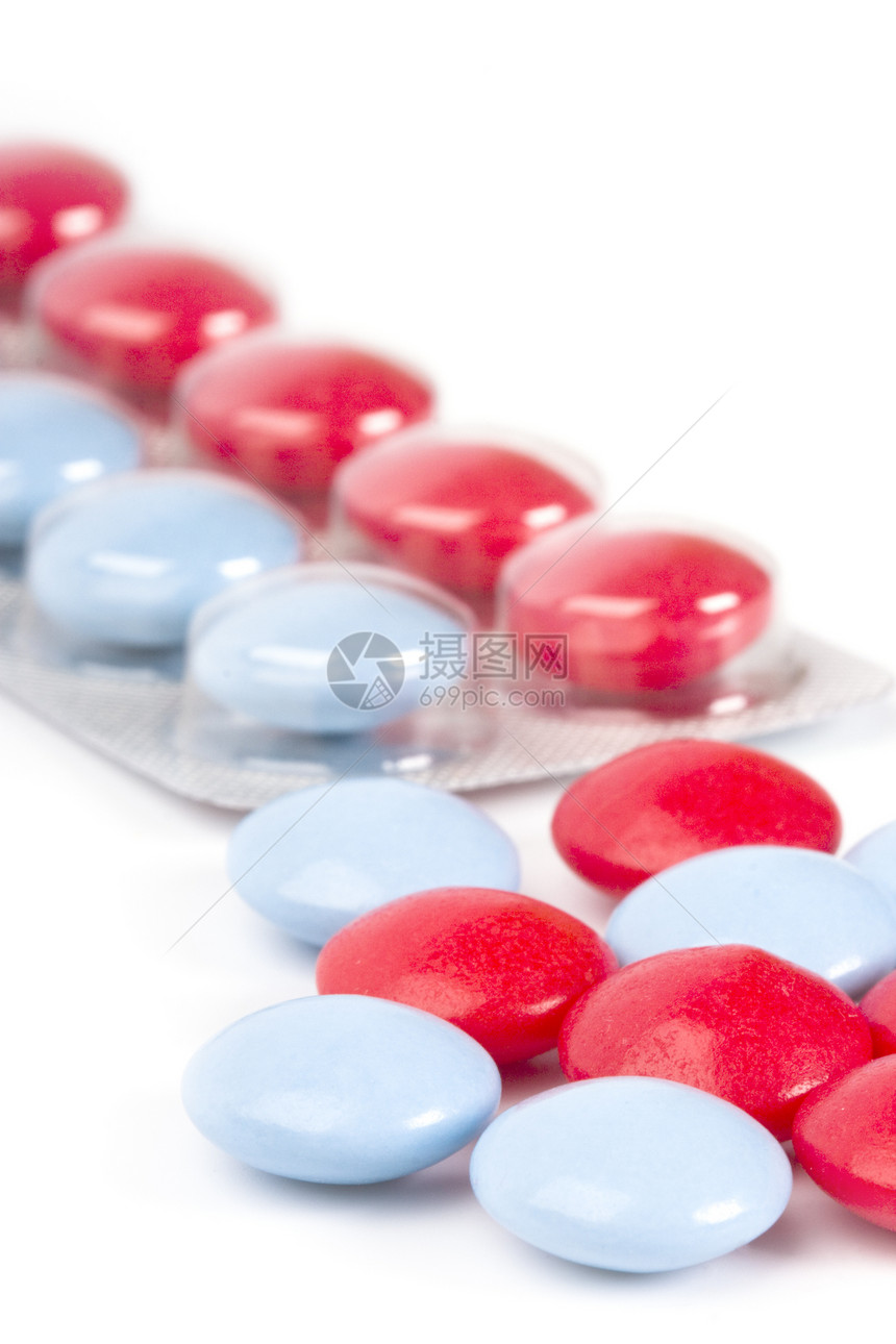 红色和蓝色药丸药物治疗预防性维生素医院医疗宏观药品胶囊店铺图片