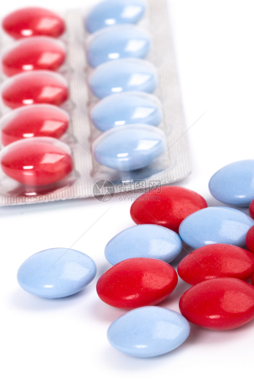 红色和蓝色药丸药剂宏观药片科学制药胶囊医疗治疗药品疾病图片