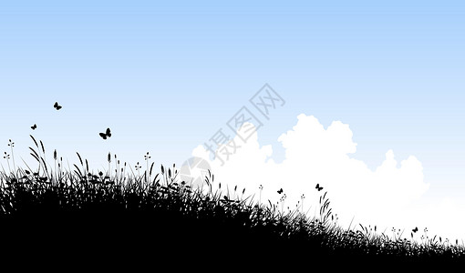 草地和天空栖息地农村爬坡蓝色白色天气黑色设计蓝天蝴蝶背景图片