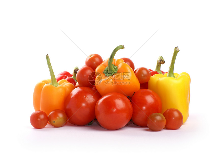 番茄和辣椒绿色蔬菜食物杂货白色营养水果黄色胡椒红色图片