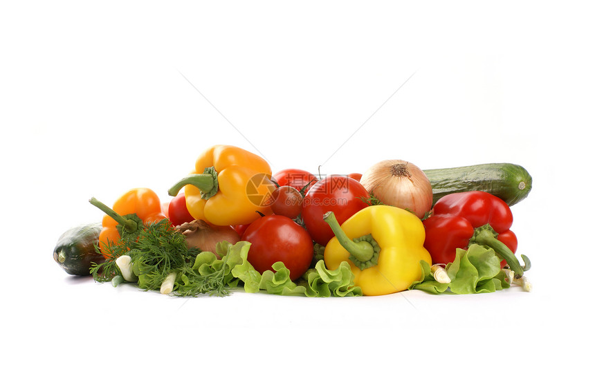 白上孤立的新鲜美味蔬菜花园树叶洋葱厨房收成萝卜辣椒茴香沙拉农业图片