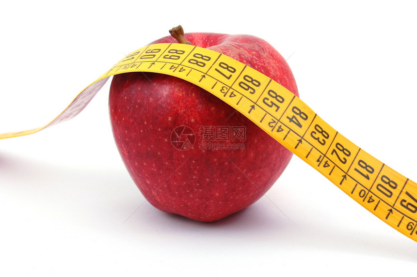 苹果和白色的测量胶带控制节食腰部重量水果生活磁带红色损失疾病图片