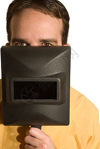红皮工业工人面具面罩安全隐藏焊工闪光工厂男性背景图片