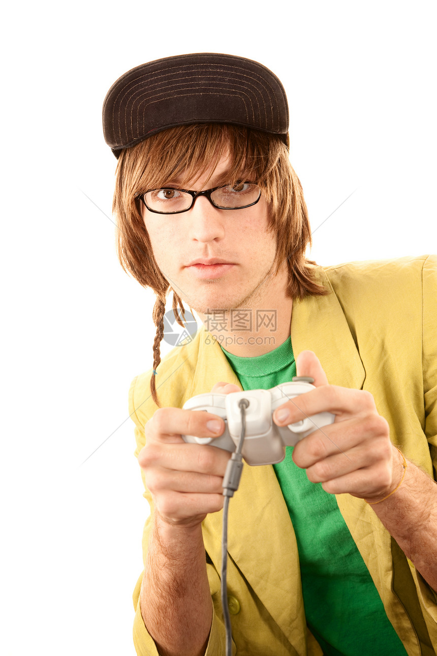 配有游戏控制器的青少年男孩夹克玩家金发女郎皱纹边缘青年情绪编织男性视频图片