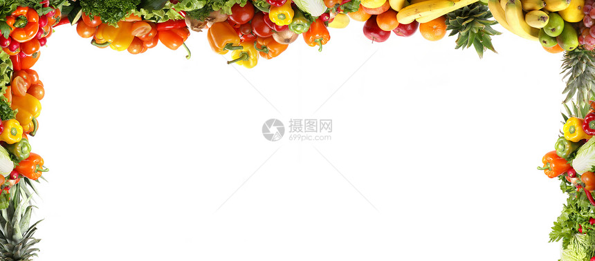 新鲜新鲜 美味的蔬菜营养流苏洋葱边界辣椒可可树叶水果香蕉胡椒图片