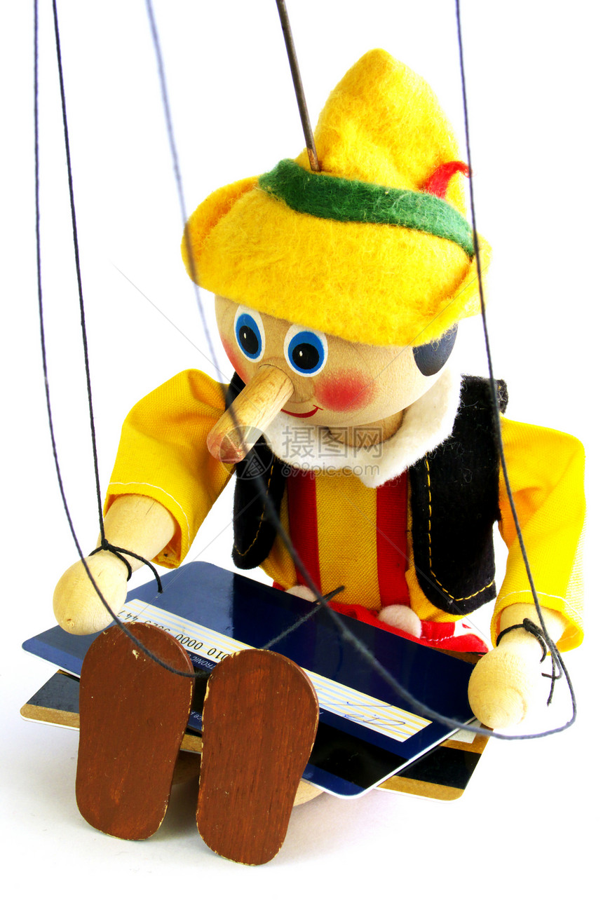 木木木木偶和信用卡信用黑色木偶卡片黄色娃娃木头玩具红色概念性图片