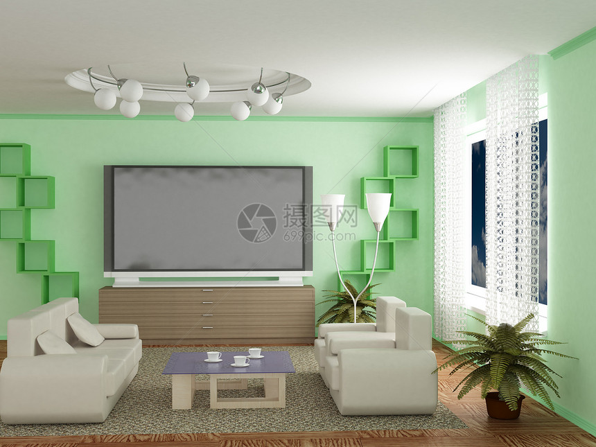 客厅内部的3D图像地毯房间薄纱花瓶植物群窗户风格天空沙发闲暇图片