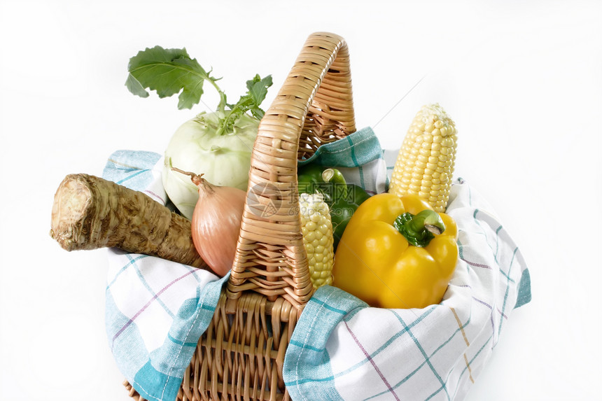 新鲜科拉比洋葱食物玉米篮子收成辣椒作物厨房巾辣根图片