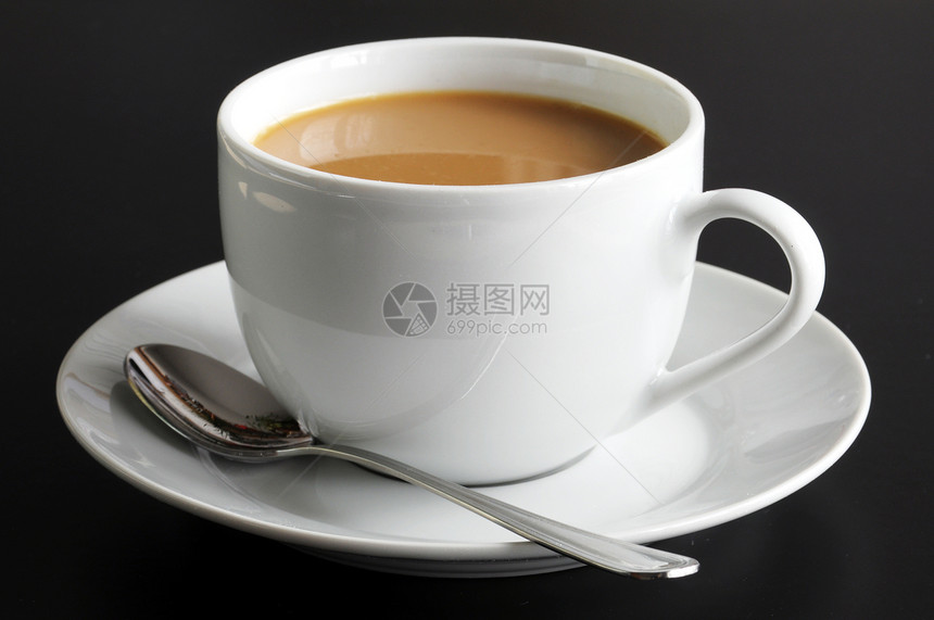咖啡杯和复制空间棕色勺子飞碟摩卡黑色早餐杯子休息咖啡店牛奶图片