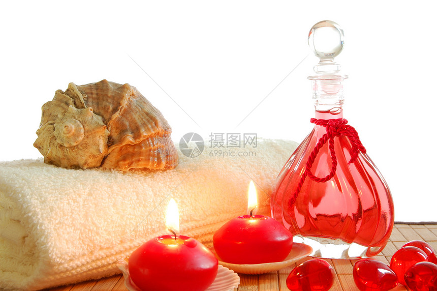 红按摩静物生命红色白色毛巾疗法装饰气味风格瓶子茶点工作室图片