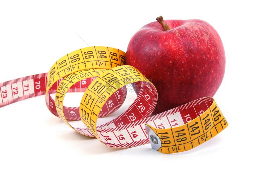 苹果和白色的测量胶带活力水果重量疾病饮食医疗红色减肥节食损失图片